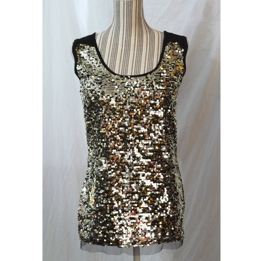 TAHARI White Gold Sequined Sleeveless Top, sz S